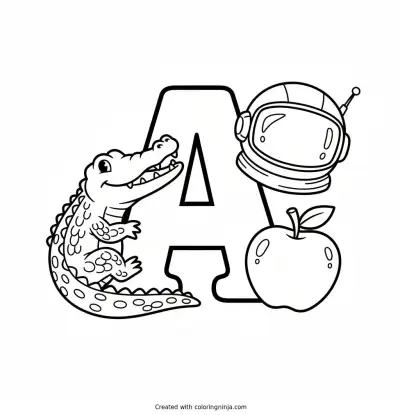 Letter A Animal and Objects Coloring Page