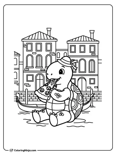 Turtle Eating Pizza in Venice Coloring Page