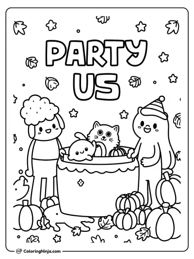 Party of All Characters of Video Game "among Us" with Pumpkins and Pets Coloring Page
