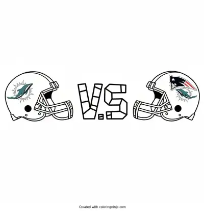 A coloring page of Patriots helmet facing a dolphins helmet with a blocky v.s symbol in beetween