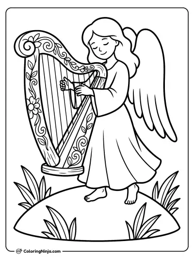 Peaceful Angel Playing Harp Coloring Page