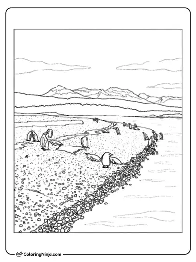 Penguins Gathering On A Pebble Beach With Mountains Coloring Page