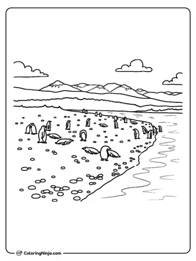 Penguins Resting On A Pebble Beach Coloring Page
