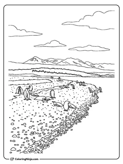 Penguins Resting On A Rocky Beach Coloring Page