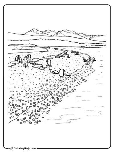Penguins On A Rocky Beach Near Mountains Coloring Page