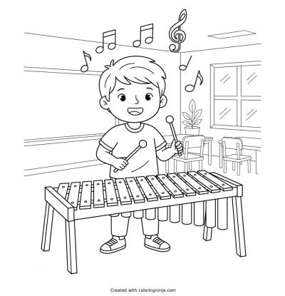 A coloring page of a person playing the xylophone in music class

