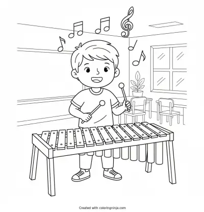 A coloring page of a person playing the xylophone in music class
