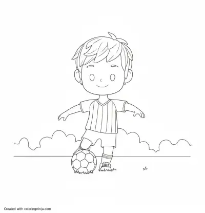 A coloring page of Soccer Kid on a Field Coloring Page