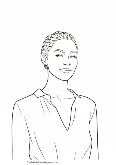 A coloring page of A woman in a green dress posing for a photo