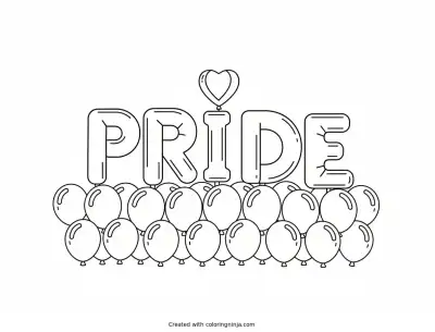 A coloring page of Colorful balloon letters spelling "Pride."