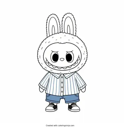 A coloring page of Labubu with Shirt and boots