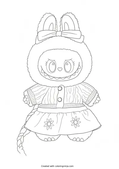 A coloring page of Mokoko labubu with dress and bow