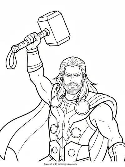 A coloring page of Thor with hammer and cape
