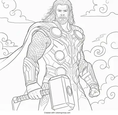 A coloring page of Thor with hammer and cape