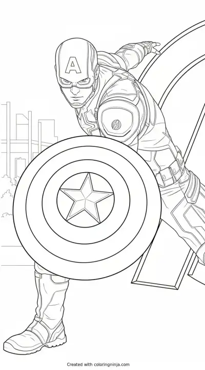 A coloring page of Captain America with shield