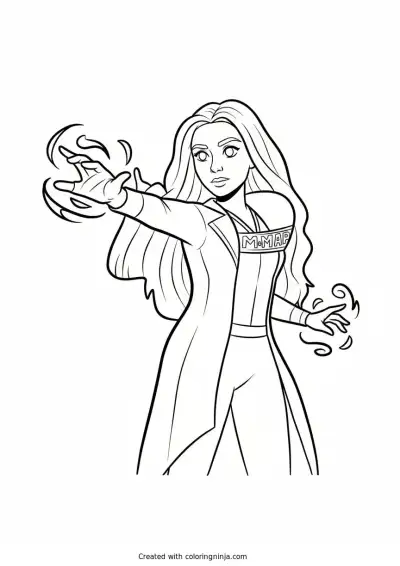 A coloring page of A woman in a red dress casting a spell