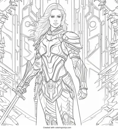 A coloring page of Golden armored woman in a futuristic setting