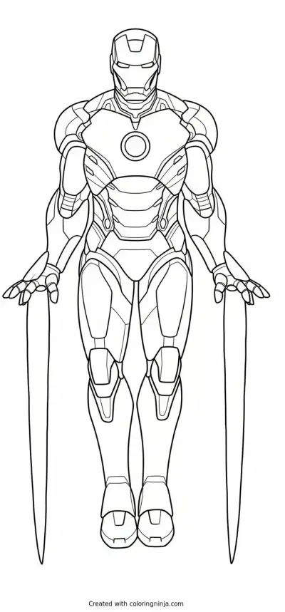 A coloring page of A man in a red and gold suit flies through the air