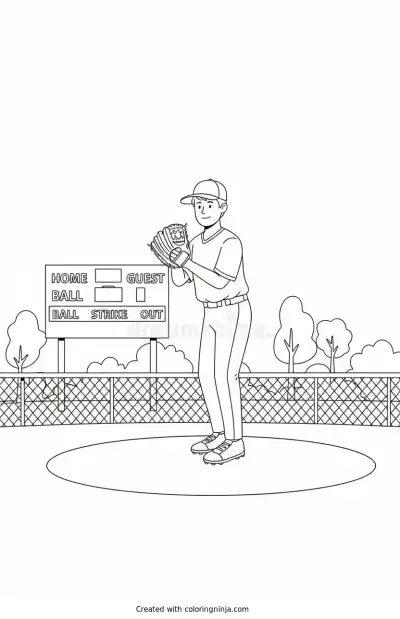 A coloring page of A young boy in a red and blue baseball uniform pitching a ball