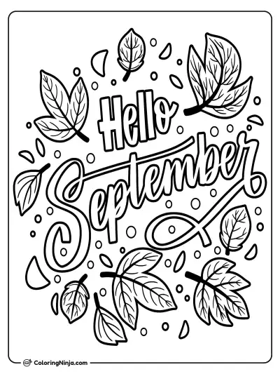 Hello September Autumn Leaves Coloring Page
