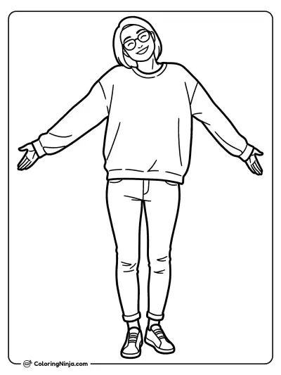Woman with Arms Outstretched, Smiling Coloring Page