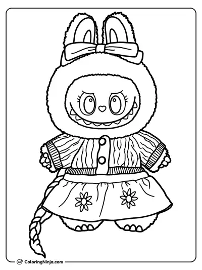 Mokoko Labubu with Dress and Bow Coloring Page