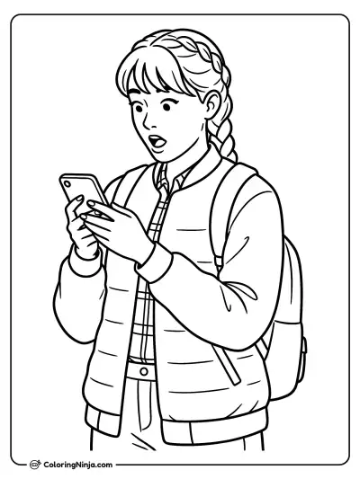 Surprised Girl Looking at Her Phone Coloring Page