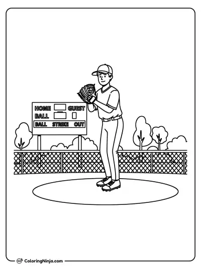 Young Pitcher on the Mound Coloring Page