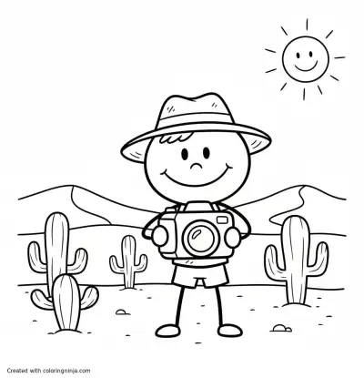 A coloring page of a photographer in the desert 