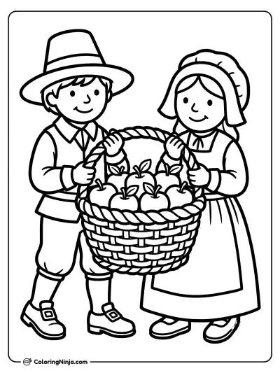 Pilgrim boy and girl carrying a basket of apples coloring page