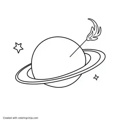 A coloring page of A planet like Saturn with wide rings, accompanied by a shooting star with a long curved trail, clear bold outlines.
