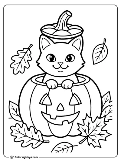 Curious Cat in a Pumpkin Coloring Page