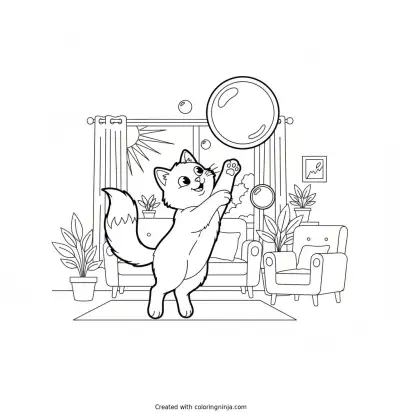 Playful Cat Chasing Bubbles Coloring Page