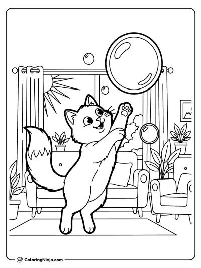 Playful Cat Chasing Bubbles Coloring Page