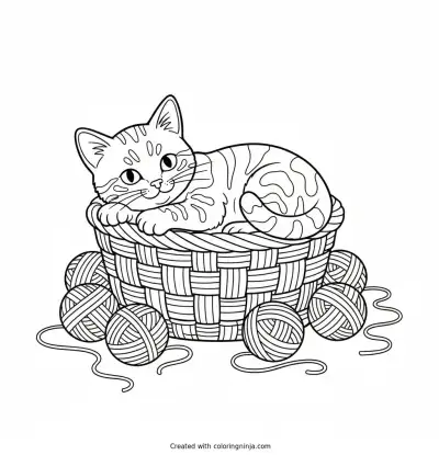 Cosy Kitten in a Basket Coloring Page