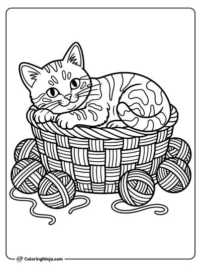 Cosy Kitten in a Basket Coloring Page
