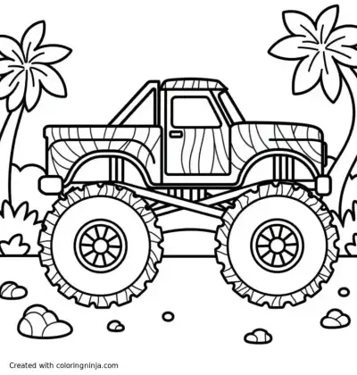 A coloring page of A playful monster truck with wild animal print patterns on its body. Choose tiger stripes on one side and zebra on the other for a fun look. The truck is parked in a jungle-themed background with a few palm trees and stones. Use bold patterns that are easy to color