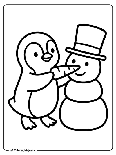 Penguin Building a Snowman Coloring Page
