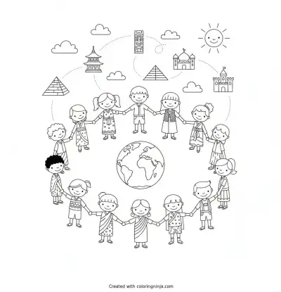 A coloring page of please create a 10 page coloring book for my multicultural, family centered event.