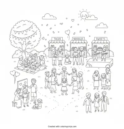 A coloring page of please create a 10 page coloring book for my multicultural, family centered event.