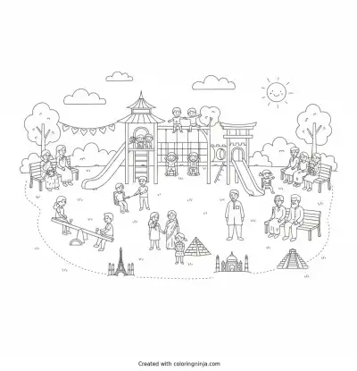 A coloring page of please create a 10 page coloring book for my multicultural, family centered event.