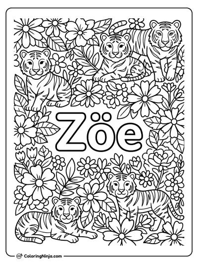 Tigers and Flowers Coloring Page