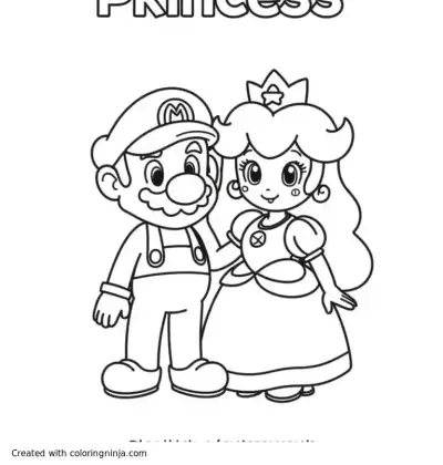 A coloring page of Princess peach with Mario