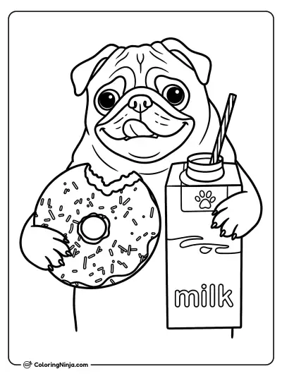 Pug with Donut and Milk Coloring Page