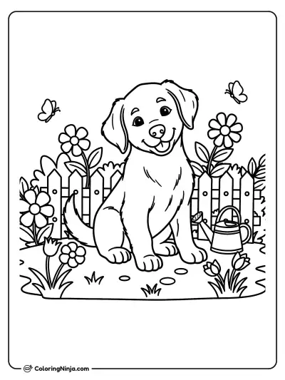 Puppy in a Garden Coloring Page