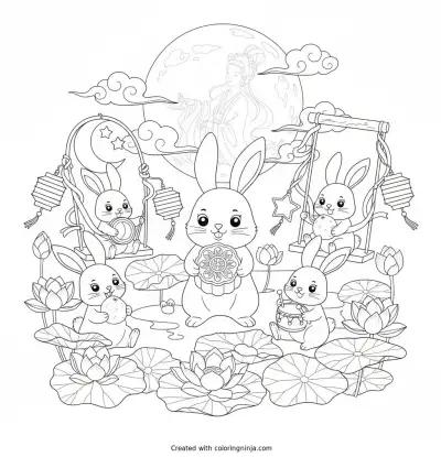 Rabbits Mid-Autumn Festival Coloring Page