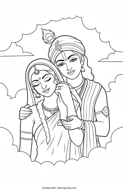 A coloring page of Radha Krishna