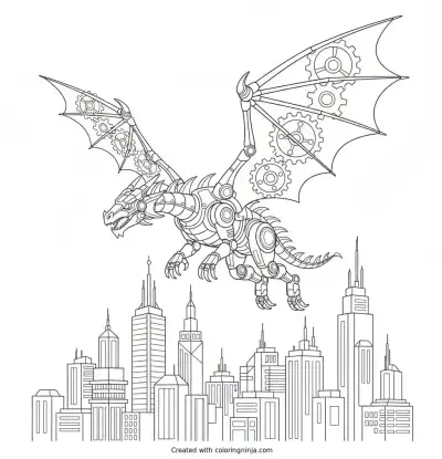Mechanical Dragon Over The City Coloring Page
