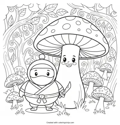 Little Ninja Mushroom Friend Coloring Page