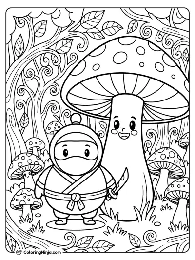 Little Ninja Mushroom Friend Coloring Page